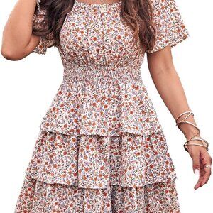 Women's 2025 Floral Summer Short Dress Square Neck Short Sleeve Tiered Ruffle Bo
